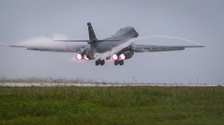 In this photo released by the U.S. Air Force, a Air Force B-1B Lancer bomber takes off from Andersen Air Force Base, Guam, to fly a mission with two Koku Jieitai (Japan Air Self-Defense Force) F-15s, on Sept. 9, 2017.