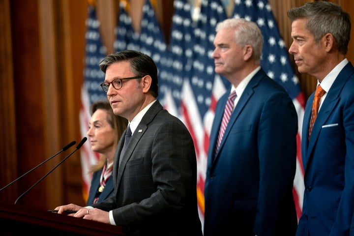 House Speaker Mike Johnson (R-La.), second from left, along with his Republican colleagues addresses the government shutdown during a news conference at the Capitol in Washington on Thursday, Oct. 23.