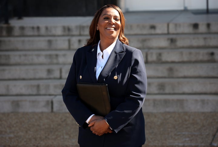 New York Attorney General Letitia James (D) speaks outside the Walter E. Hoffman United States Courthouse following an arraignment hearing on Oct. 24 in Norfolk, Virginia. James pled not guilty to two counts related to statements she allegedly made about a second home purchased in 2020.