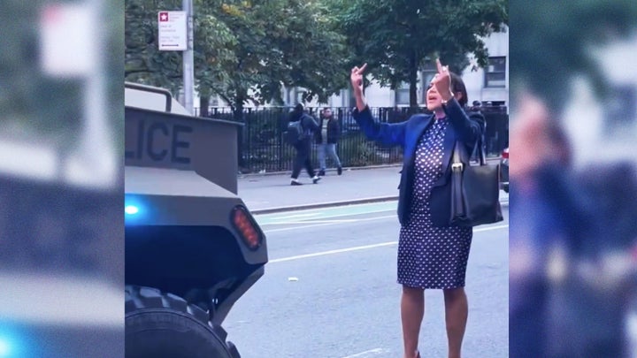 An unidentified person now known as "polka dot dress lady” shows her displeasure with ICE's show of force in New York City on Tuesday, Oct. 21, 2025.