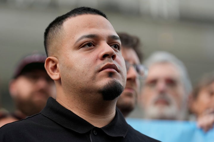 Kilmar Abrego García attends a protest rally at the Immigration and Customs Enforcement field office in Baltimore, Monday, August 25, 2025, to support Abrego García. (AP Photo/Stephanie Scarbrough)