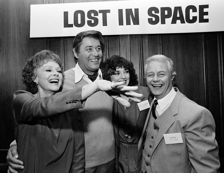 Cast members from 'Lost In Space' (L to R): June Lockhart, Guy Williams, Angela Cartwright and Bob May joined other television stars from 1960's and 1970's during luncheon gathering at Century Plaza Hotel, April 13, 1983 in Los Angeles, California. (Photo by Bob Riha, Jr/Getty Images)