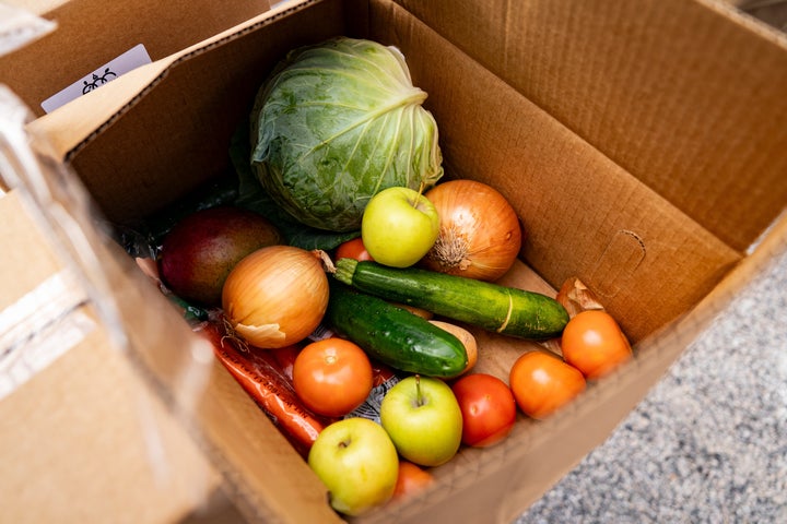 A box of produce to be given to furloughed federal workers at a Capital Area Food Bank distribution site in Alexandria, Virginia, US, on Friday, Oct. 24, 2025. Photographer: Al Drago/Bloomberg via Getty Images