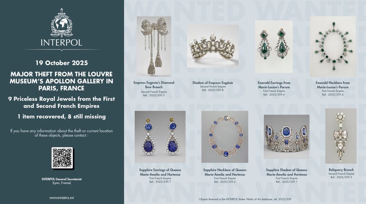This photo provided Thursday Oct. 23, 2025 by Interpol and taken from its website shows the jewels stolen in the Louvre museum on Sunday Oct.19, 2025 in Paris. (Interpol via AP)