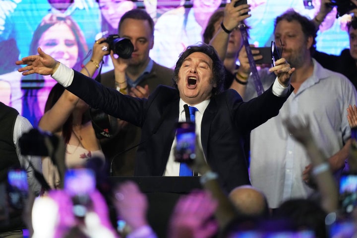 Argentina's President Javier Milei celebrates after winning in legislative midterm elections in Buenos Aires, Argentina, Sunday, Oct. 26, 2025. (AP Photo/Rodrigo Abd)