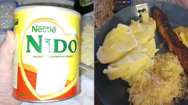 Milk powder on the left: mash with Bratwurst, sauerkraut and mustard on the right