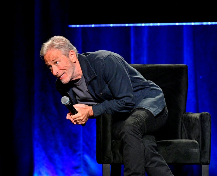Jon Stewart becomes animated during an interview at the New Yorker Festival on Sunday.
