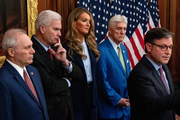 Repl Steve Scalise, far left, during a news conference at the U.S. Capitol on Oct. 27, 2025. The government shutdown, now in its 27th day, has become the second-longest in history.