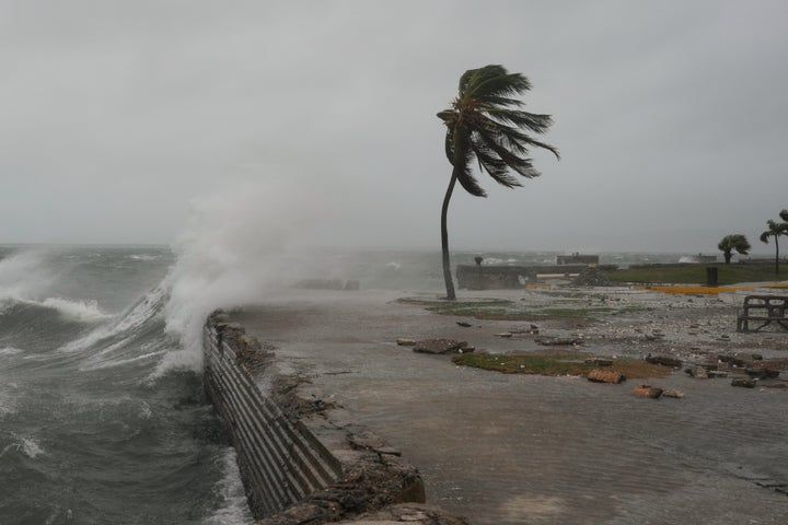 Waves splash in Kingston, Jamaica, as Hurricane Melissa approaches, on Oct. 28, 2025.