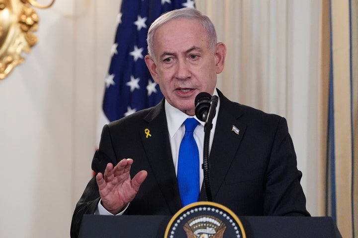 Israel's Prime Minister Benjamin Netanyahu speaks during a news conference with President Donald Trump in the State Dining Room of the White House, Monday, Sept. 29, 2025, in Washington.