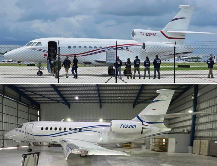 U.S. Sought To Lure Nicolás Maduro’s Pilot Into Betraying The Venezuelan Chief 2 This combination of images obtained from 2025 documents released by the U.S. District Court for the Southern District of Florida, shows a Dassault Falcon 900 EX, with the tail number T7-ESPRT, that was seized in Santo Domingo, Dominican Republic, at the request of the United States in May 2024, top, and a Dassault Falcon 2000EX, with the tail number YV3360, seized in Santo Domingo at the request of the United States in February 2025, bottom. (U.S. District Court for the Southern District of Florida via AP)