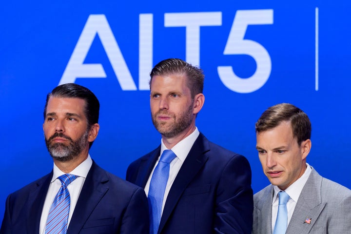 Donald Trump Jr., executive vice president of development and acquisitions for Trump Organization Inc., from left, Eric Trump, executive vice president of Trump Organization Inc., and Zach Witkoff, co-founder and chief executive officer of World Liberty Financial and chairman of ALT5 Sigma Corp., prior to the opening bell at the Nasdaq MarketSite in New York, US, on Wednesday, Aug. 13, 2025. Photographer: Adam Gray/Bloomberg via Getty Images