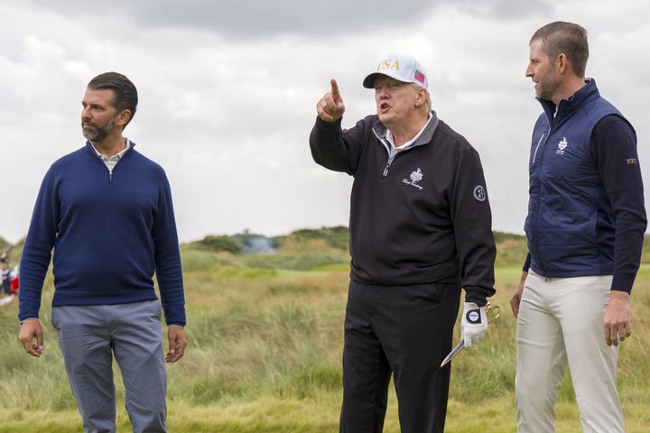 US President Donald Trump, on the first tee with sons Donald Trump Junior (left) and Eric Trump (right)during the official opening of the New Course, the second championship course at Trump International Golf Links, on the Menie Estate in Balmedie, Aberdeenshire. The president is opening up a new course dedicated to his Scottish mother, who grew up on the Isle of Lewis, as part of his five-day private trip to the country. Picture date: Tuesday July 29, 2025. (Photo by Jane Barlow/PA Images via Getty Images)