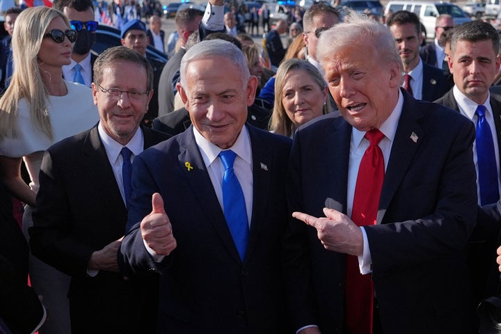 President Donald Trump poses with Israeli Prime Minister Benjamin Netanyahu before boarding Air Force One at Ben Gurion International Airport near Tel Aviv, on Oct. 13, 2025.