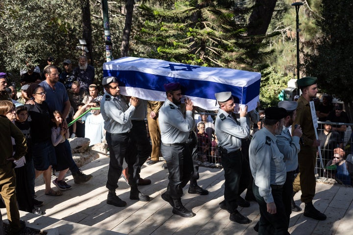 Israeli soldiers in Jerusalem carry the coffin of 37-year-old reservist Yona Efraim Feldbaum on Oct. 29, 2025, after his engineering vehicle was hit by enemy fire in Rafah.