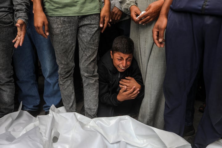Palestinians attend a funeral ceremony on Oct. 29, 2025, at Nasser Hospital in Khan Younis, for those who were killed in Israel's latest strikes across Gaza that violates the ceasefire agreement.