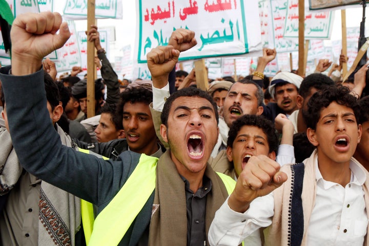 Yemenis protest against a U.S. airstrike that killed civilians, including African refugees, and in solidarity with Palestinians in the Gaza Strip on May 2, 2025 in Sana'a. The U.S. has continued its "Operation Rough Rider" airstrike campaign officials say targets Yemen's Iran-backed Houthi rebel group, following negotiations between the Trump administration and Tehran over Iran's nuclear program.