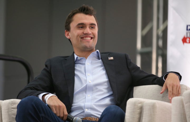 Charlie Kirk speaks on stage during an event in Los Angeles in 2018. 
