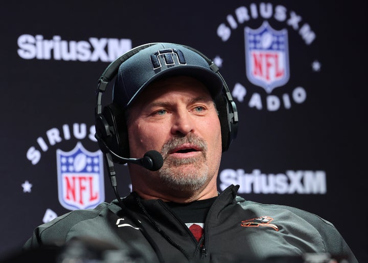 Mark Schlereth speaks on SiriusXM at Super Bowl LVIII on Feb. 9, 2024, in Las Vegas. 