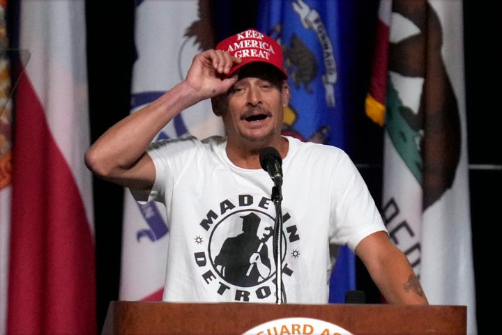 Kid Rock speaks in Detroit on Aug. 26, 2024.