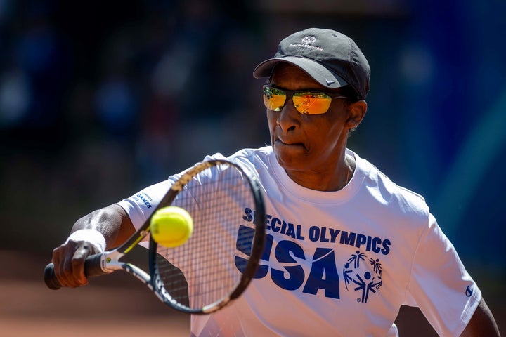 Special Olympics USA athlete Loretta Claiborne competes in tennis in Berlin on June 24, 2023.