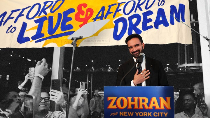 New York mayoral candidate Zohran Mamdani speaks to supporters during an election night gathering at The Greats of Craft LIC on June 24 in Queens.