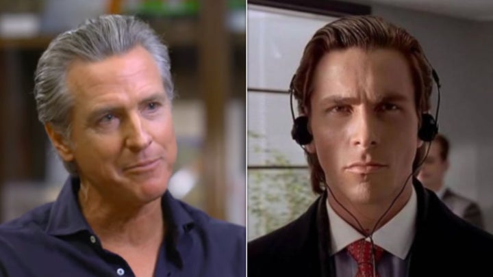 California Gov. Gavin Newsom (D) and Christian Bale as Patrick Bateman in "American Psycho."
