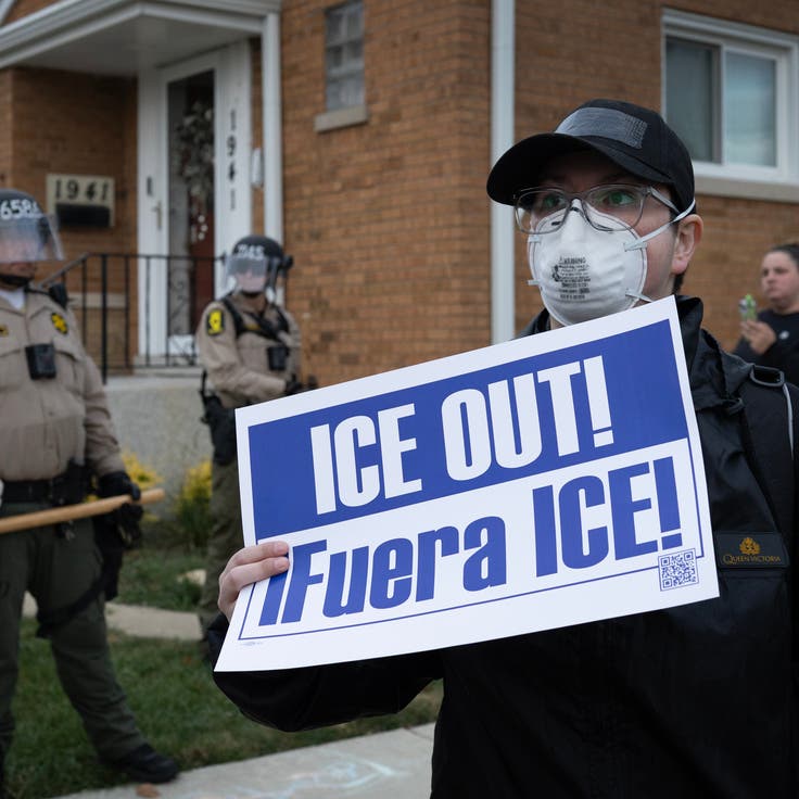 Police and demonstrators square off during a protest outside of the immigration processing and detention facility on Oct. 11, 2025 in Broadview, Illinois.