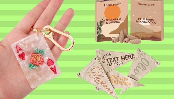 A playing card bag charm, custom pennants and incense