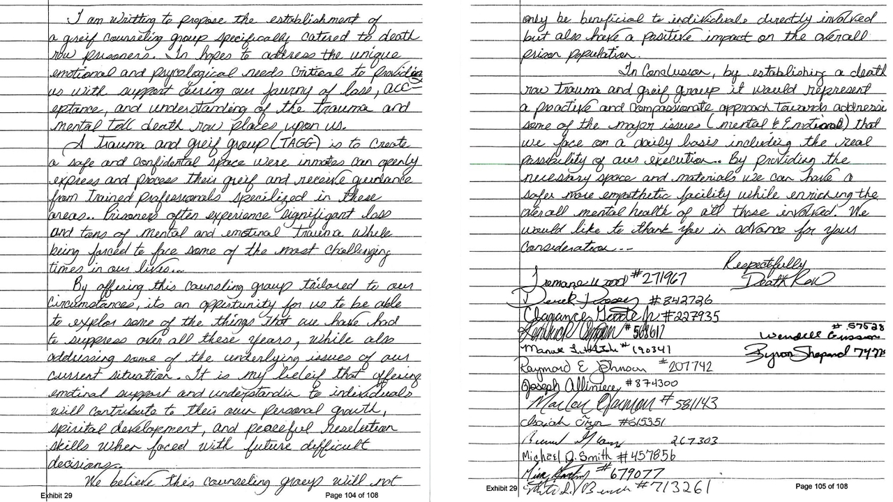 A handwritten petition organized by Tremane Wood and signed by other men on death row requesting a grief counseling group.