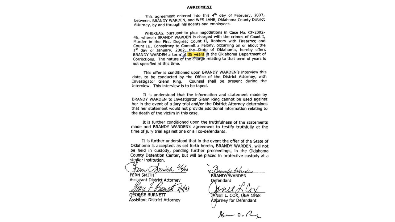 Brandy Warden's plea agreement showing her deal carried a 35-year sentence, contrary to what prosecutors told jurors at trial.