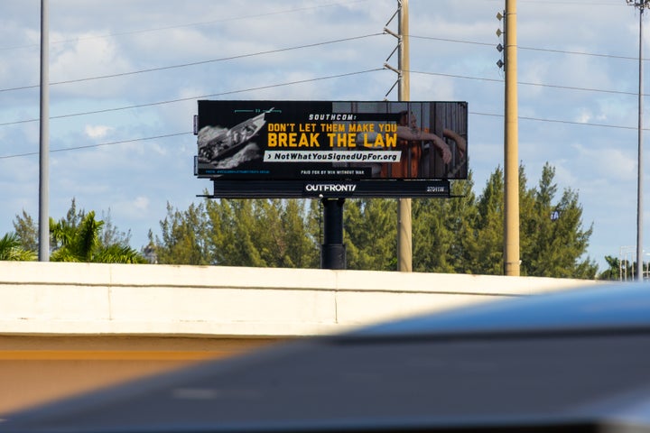 A billboard erected outside SOUTHCOM, the U.S. military branch overseeing ongoing and expanding operations in Latin America.