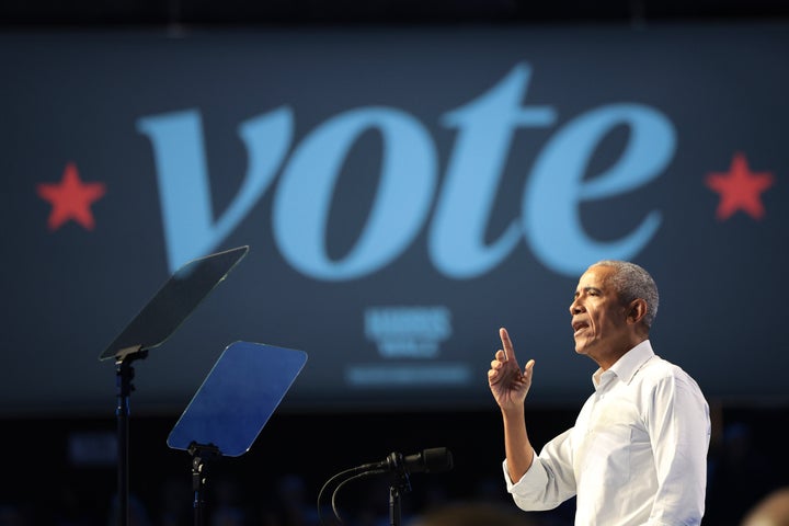 Former U.S. President Barack Obama speaks during a campaign rally also featuring Bruce Springsteen and John Legend in support of Democratic presidential nominee, U.S. Vice President Kamala Harris at Temple University October 28 in Philadelphia, Pennsylvania. (Photo by Win McNamee/Getty Images)