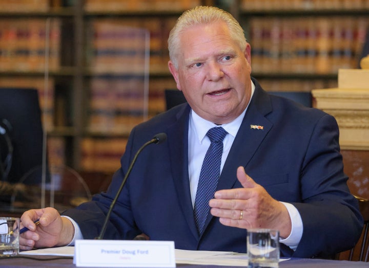 Ontario Premier Doug Ford speaks during an event that featured Northeast governors and Canadian premiers discussing trade and tariffs at the State House Library on June 16, 2025. (Photo by Matthew J. Lee/The Boston Globe via Getty Images)