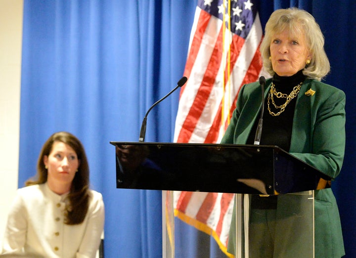 Former Kentucky Governor Martha Layne Collins, right, speaks to a group of supporters of Kentucky Secretary of State Alison Lundergan Grimes before Grimes announces her candidacy for re-election, Monday, Jan. 26, 2015, in Lexington, Ky. (AP Photo/Timothy D. Easley)