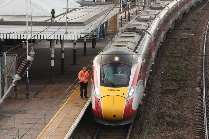 Drivers prepare to move the LNER Azuma train, on which a mass stabbing took place, away from the platform at Huntingdon Station in Huntingdon, eastern England, on Nov. 3, 2025.