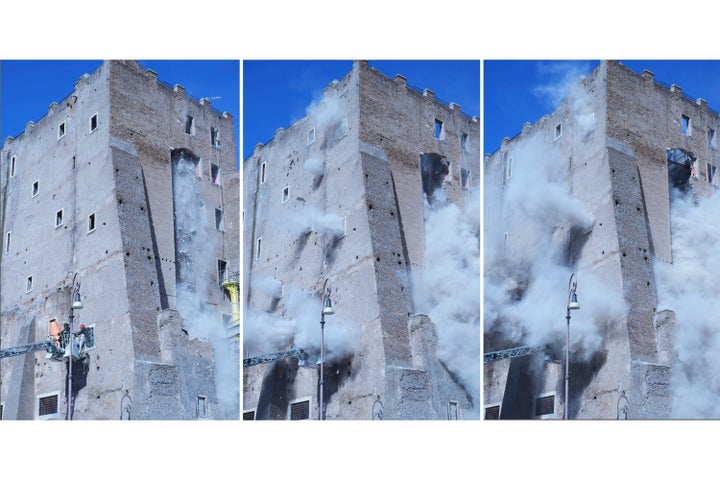 This combo of three pictures shows a cloud of debris from a second collapse surrounding firefighters who were trying to rescue a worker after a medieval tower near the Roman Forum partially collapsed during renovation work, in Rome, Italy, Monday Nov. 3 2025. (AP Photo/Domenico Stinellis)