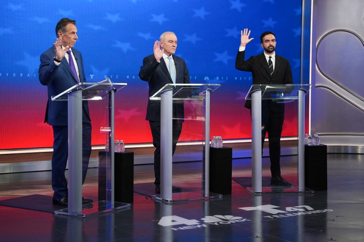 (L-R) New York City mayoral candidates, Independent and former New York Gov. Andrew Cuomo, Republican nominee Curtis Sliwa and Democratic nominee Zohran Mamdani debate in New York on Oct. 16, 2025.