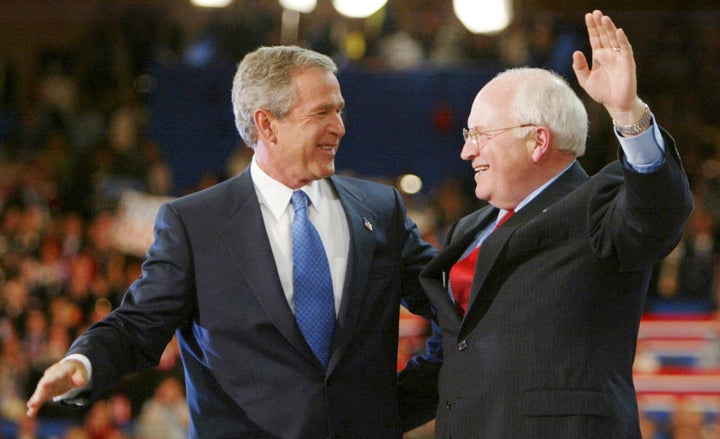 Then-President George W. Bush and Vice President Dick Cheney embrace following Bush's acceptance speech in Madison Square Garden during the final night of the 2004 Republican National Convention in New York.