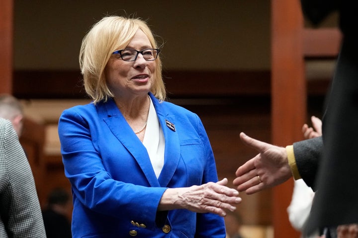 Democratic Gov. Janet Mills, greets lawmakers prior to delivering her State of the State address, Jan. 30, 2024, at the State House in Augusta, Maine.