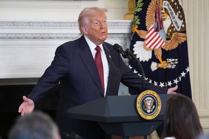 President Donald Trump speaks during a breakfast with Senate and House Republicans in the State Dining Room of the White House, on Nov. 5, 2025, in Washington. 