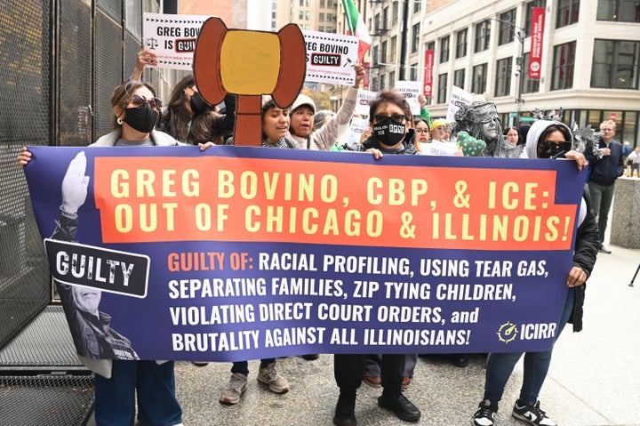Protesters marching outside the Everett McKinley Dirksen U.S. Courthouse in downtown Chicago demand accountability and consequences for Border Patrol chief Gregory Bovino, who failed to appear in court for a hearing, on Nov. 5, 2025.