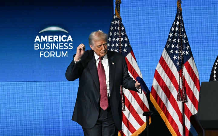 US President Donald Trump dances on stage after speaking at the American Business Forum at the Kaseya Center in Miami on November 5, 2025. (Photo by Chandan Khanna/AFP) (Photo by CHANDAN KHANNA/AFP via Getty Images) 