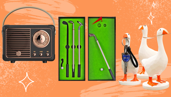Dosmix Retro Bluetooth Speaker, Golf Pen Desktop Game, and Magnetic Goose Key Holder.