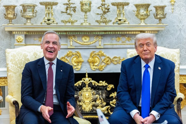 U.S. President Donald Trump (right) and Mark Carney, Canada's prime minister, during a meeting in the Oval Office of the White House in Washington, D.C., on Oct. 7, 2025.