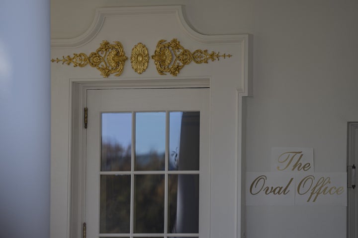 Temporary signage reading "The Oval Office" is displayed next to an entrance to the Oval Office at the White House in Washington, D.C., on Wednesday.