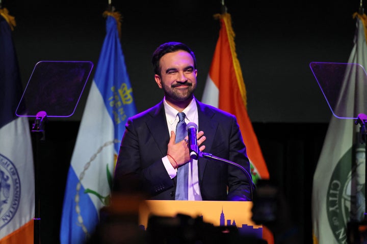 The mayor-elect of New York City, Zohran Mamdani, celebrates during an election night event at the Brooklyn Paramount Theater in Brooklyn, New York on Nov. 4, 2025.