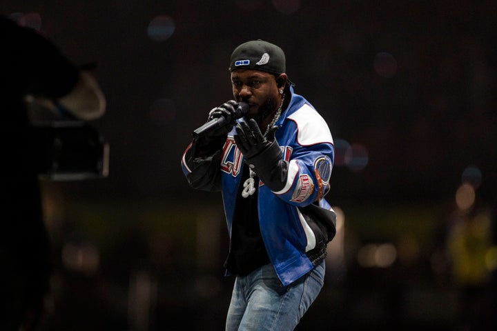 Kendrick Lamar, seen here during February's Super Bowl, leads the pack this year with nine Grammy nominations for 