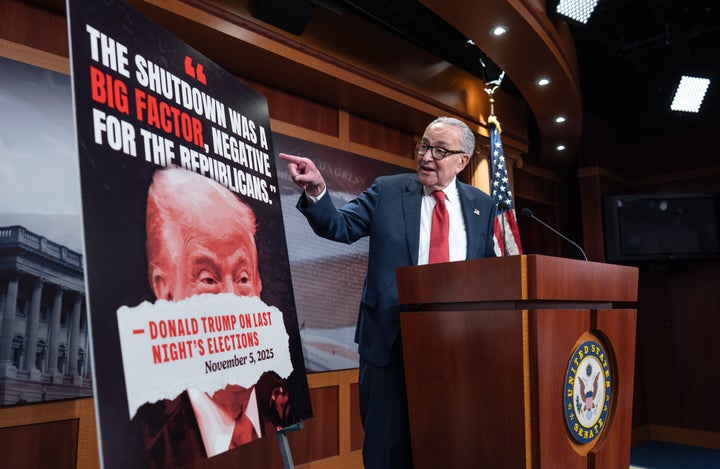 Senate Minority Leader Chuck Schumer (D-N.Y.) speaks to reporters on Day 36 of the government shutdown at the Capitol in Washington, Nov. 5, 2025, day 36 of the government shutdown.