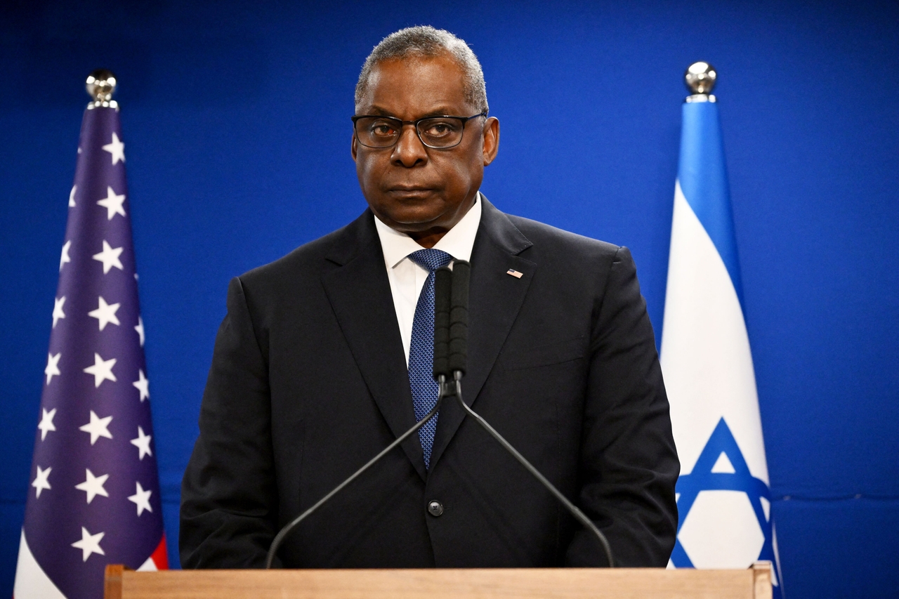 Then-Secretary of Defense Lloyd Austin looks on during a joint press conference with Israel's defense minister in Tel Aviv on Dec. 18, 2023.